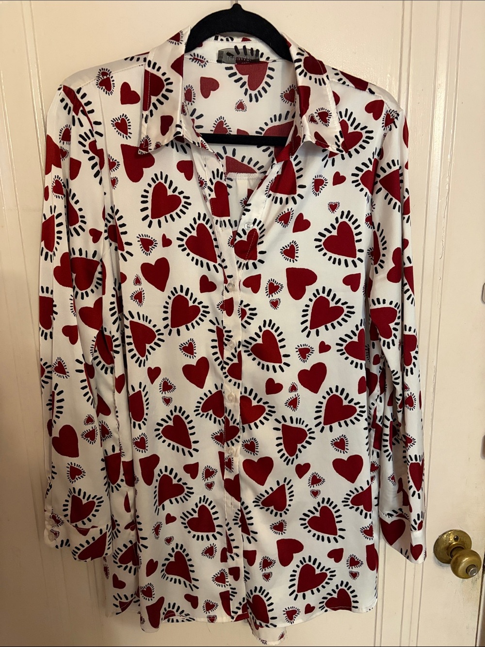 Lulumari White Button-Down Shirt with Red Heart Print